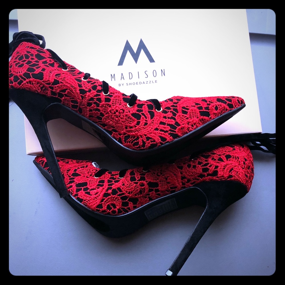 Madison~ShoeDazzle Red Lace & Black Velvet Heels